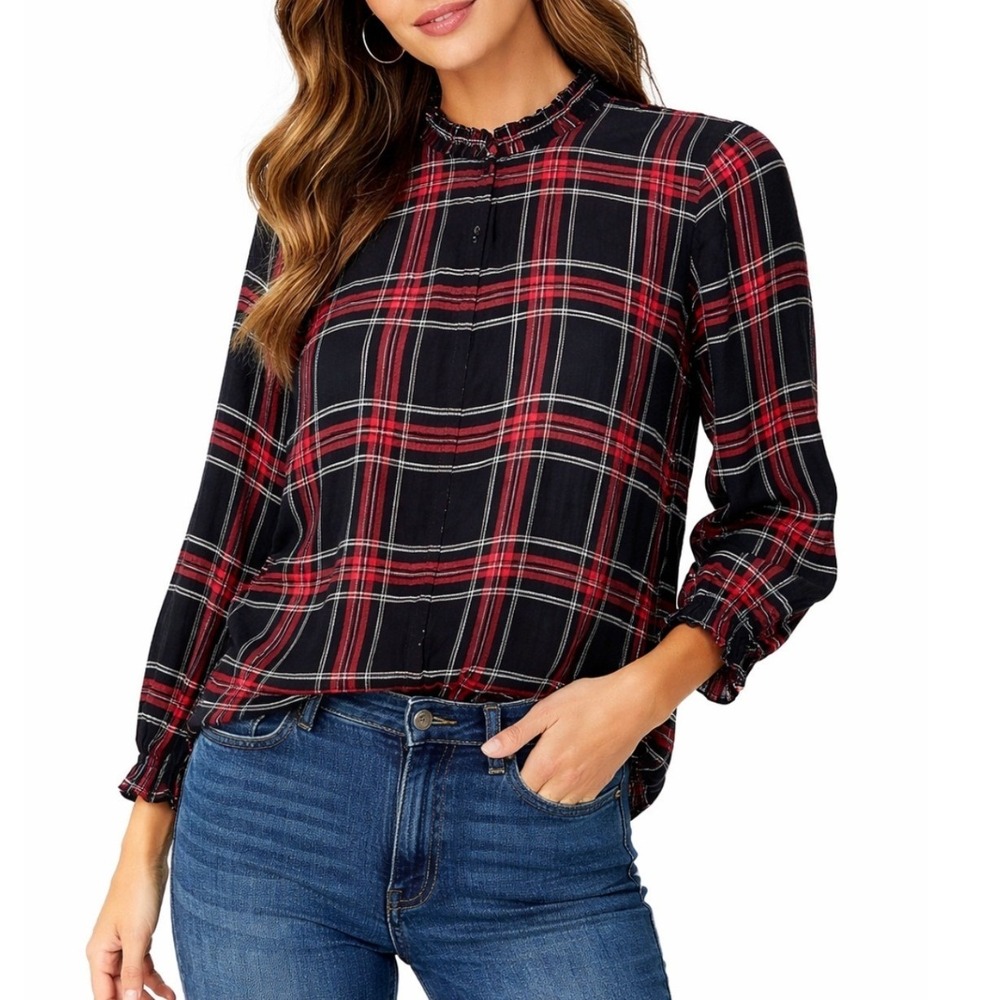 Loft Womens Red Black‎ Plaid Ruffle Mock Neck Blouse Smocked Cuff Top Petite L